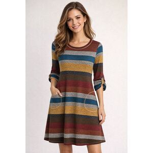 Unbranded No Tags Striped Stretchy ALine Dress Pockets Decorative Buttons S/M